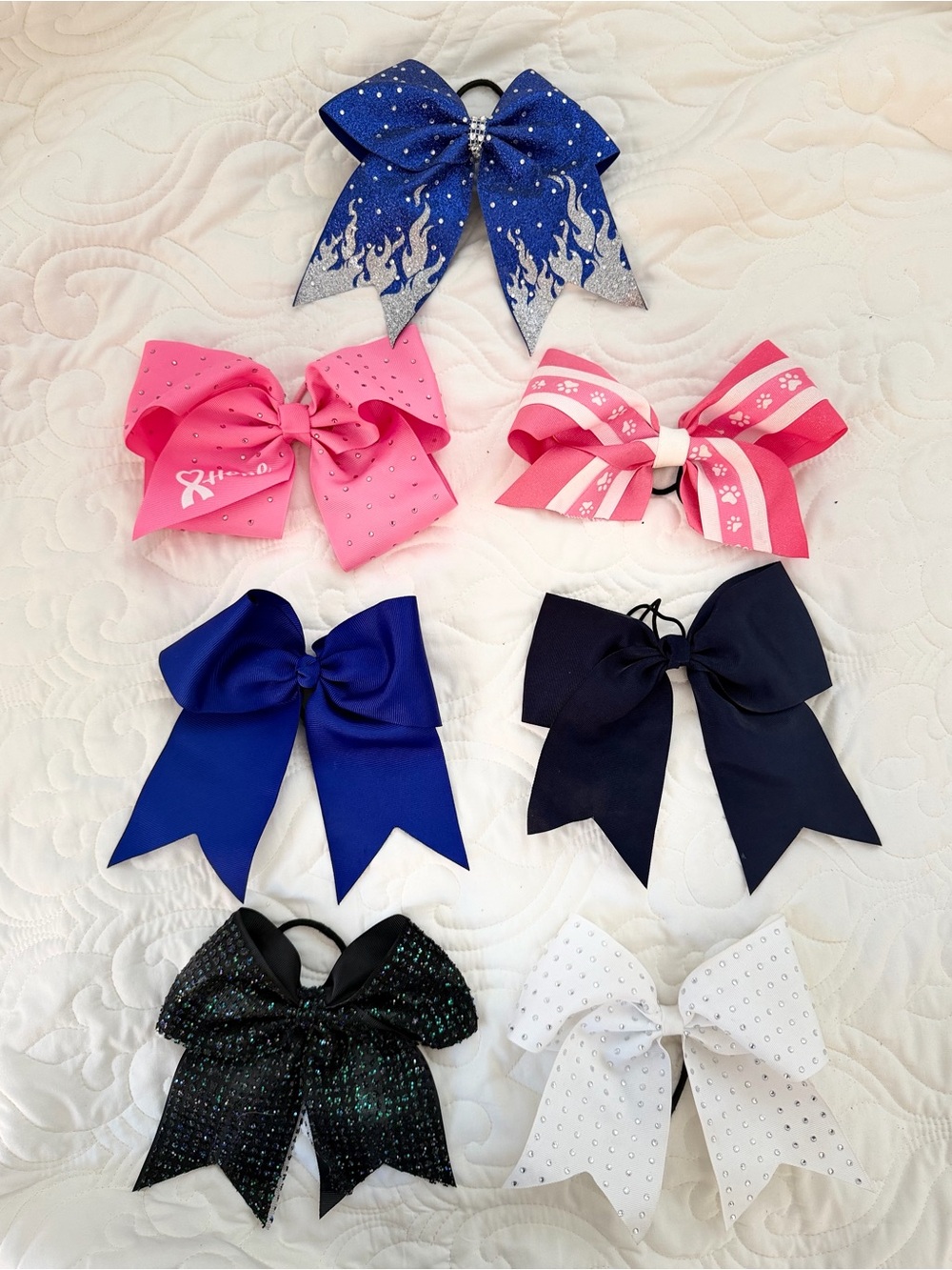 Lot of 7 Cheerleading Hair Bows Glitter Rhinestone Spirit Variety Bundle
